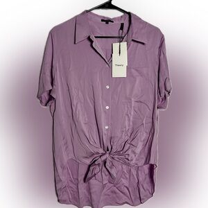 NWT $295 Theory Hekanina Tie-Hem Silk Blouse Size Large Bright Lilac